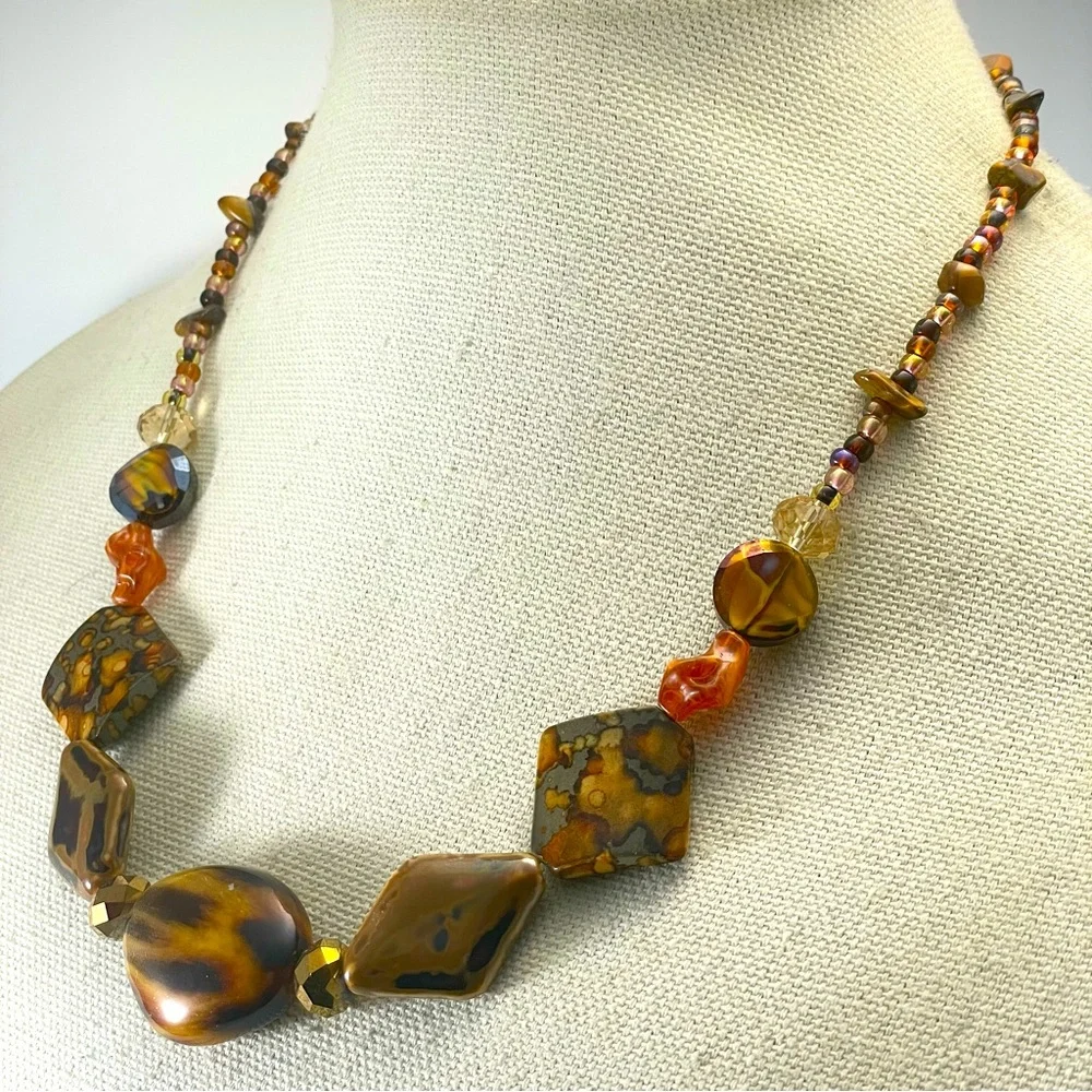 Statement Necklace Beaded Glass Stone Acrylics Orange Purple Brown Boho Unique